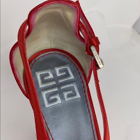 Givenchy Sz 39 Red Satin High Heel Wedge Sandals - Picture 6 of 13
